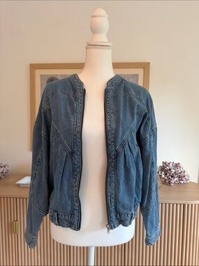 ba&sh Washed Blue Denim Bomber Jacket